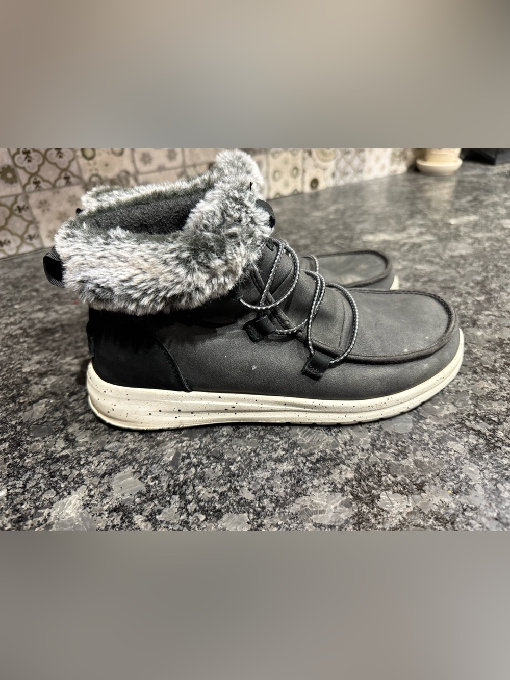 Hey Dude Eloise Black Lace-Up Ankle Boots with Gray Faux Fur